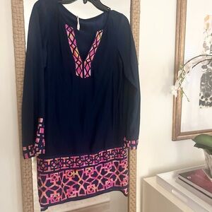 Navy Dress with Pink Geometric Accents
